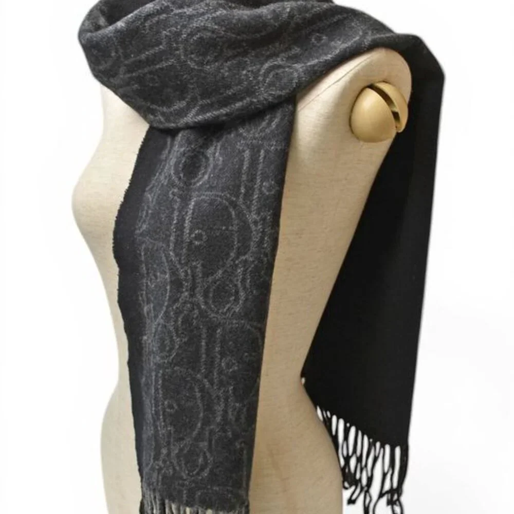 Dior Scarf Winter Wool Cashmere Logo Trotter Black Gray